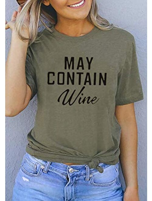 May Contain Wine T Shirt Alcohol Shirts Womens Letter Print Tops Funny Drinking Shirt Casual Short Sleeve Graphic Tees Top