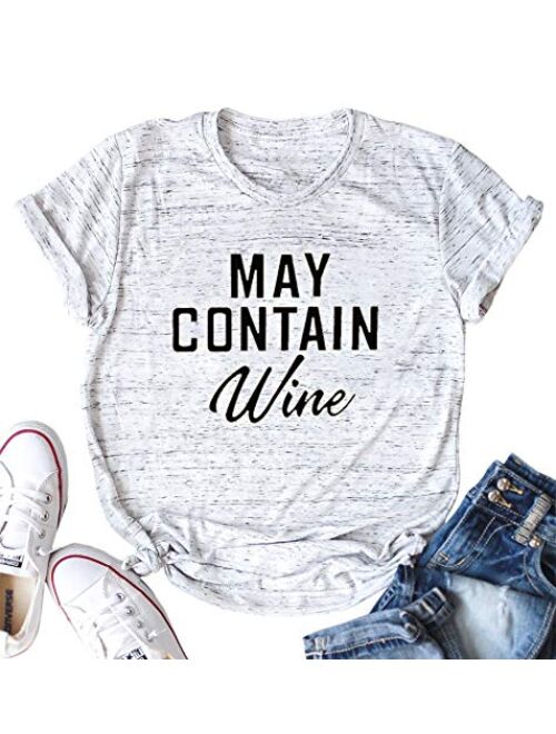 May Contain Wine T Shirt Alcohol Shirts Womens Letter Print Tops Funny Drinking Shirt Casual Short Sleeve Graphic Tees Top