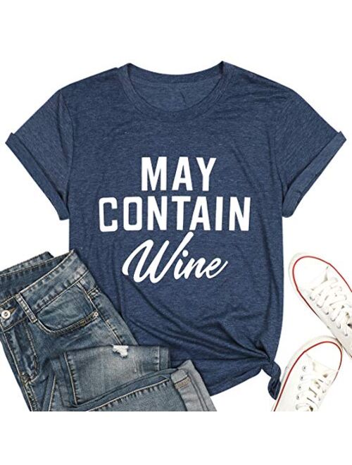 May Contain Wine T Shirt Alcohol Shirts Womens Letter Print Tops Funny Drinking Shirt Casual Short Sleeve Graphic Tees Top