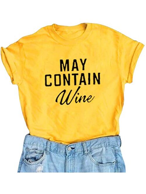 May Contain Wine T Shirt Alcohol Shirts Womens Letter Print Tops Funny Drinking Shirt Casual Short Sleeve Graphic Tees Top