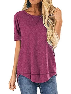 OURS Women's Casual Long Sleeve T-Shirts Cotton Tee Tops Loose V-Notch Short Sleeve Tunic Tops