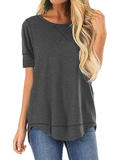 OURS Women's Casual Long Sleeve T-Shirts Cotton Tee Tops Loose V-Notch Short Sleeve Tunic Tops