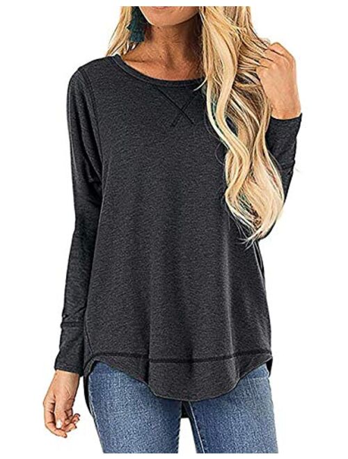 OURS Women's Casual Long Sleeve T-Shirts Cotton Tee Tops Loose V-Notch Short Sleeve Tunic Tops