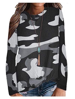 MISFAY Womens Casual Top Long Sleeve Cute Twist Knot Waffle Knit Shirts Tops