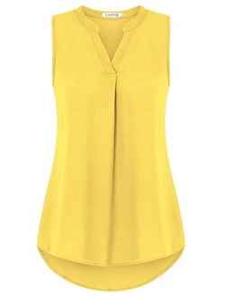 Lyking Women's Henley V Neck Sleeveless Curved Hem Chiffon Blouse Shirts Tank Tops