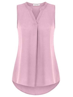 Lyking Women's Henley V Neck Sleeveless Curved Hem Chiffon Blouse Shirts Tank Tops