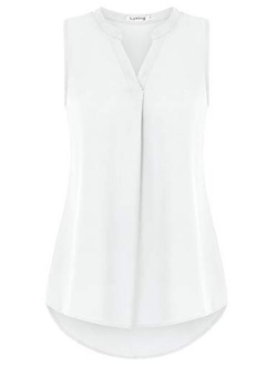 Lyking Women's Henley V Neck Sleeveless Curved Hem Chiffon Blouse Shirts Tank Tops