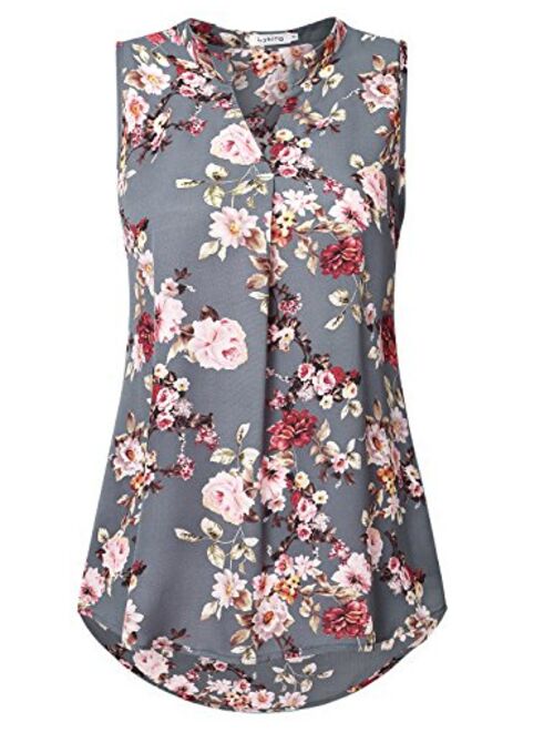 Lyking Women's Henley V Neck Sleeveless Curved Hem Chiffon Blouse Shirts Tank Tops