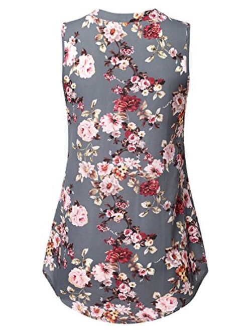 Lyking Women's Henley V Neck Sleeveless Curved Hem Chiffon Blouse Shirts Tank Tops