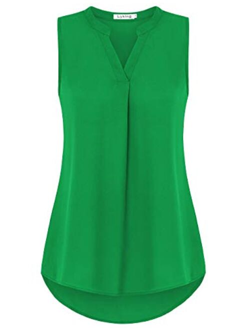 Lyking Women's Henley V Neck Sleeveless Curved Hem Chiffon Blouse Shirts Tank Tops