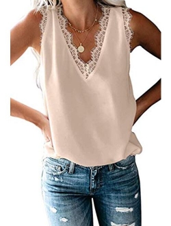 Mosucoirl Women V-Neck Lace Trim Cami Tank top Casual Sleeveless Lightweight Blouse Shirt