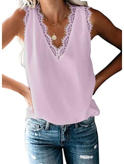 Mosucoirl Women V-Neck Lace Trim Cami Tank top Casual Sleeveless Lightweight Blouse Shirt