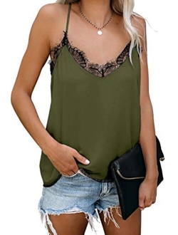 Mosucoirl Women V-Neck Lace Trim Cami Tank top Casual Sleeveless Lightweight Blouse Shirt