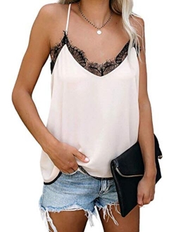 Mosucoirl Women V-Neck Lace Trim Cami Tank top Casual Sleeveless Lightweight Blouse Shirt