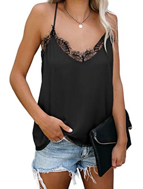 Mosucoirl Women V-Neck Lace Trim Cami Tank top Casual Sleeveless Lightweight Blouse Shirt