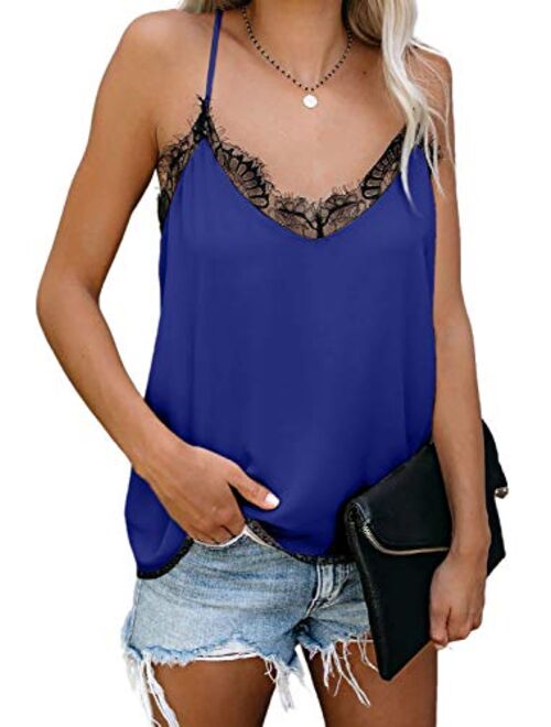 Mosucoirl Women V-Neck Lace Trim Cami Tank top Casual Sleeveless Lightweight Blouse Shirt