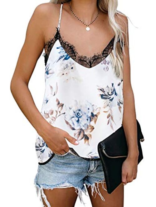 Mosucoirl Women V-Neck Lace Trim Cami Tank top Casual Sleeveless Lightweight Blouse Shirt