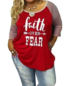 Women's Plus Size Faith Over Fear Funny Christian Shirt 3/4 Sleeve Striped Patchwork Tops Tees