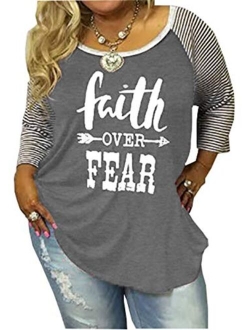 Women's Plus Size Faith Over Fear Funny Christian Shirt 3/4 Sleeve Striped Patchwork Tops Tees