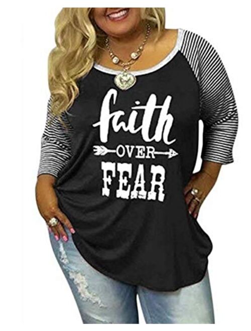 Women's Plus Size Faith Over Fear Funny Christian Shirt 3/4 Sleeve Striped Patchwork Tops Tees