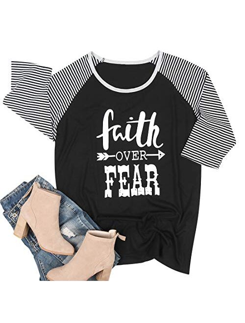 Women's Plus Size Faith Over Fear Funny Christian Shirt 3/4 Sleeve Striped Patchwork Tops Tees