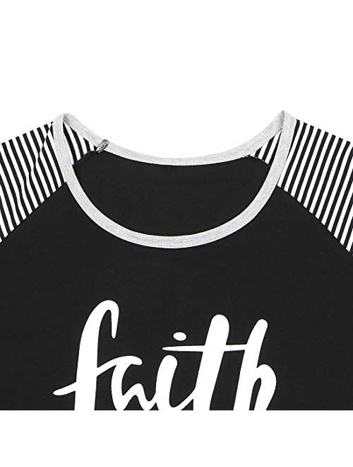 Women's Plus Size Faith Over Fear Funny Christian Shirt 3/4 Sleeve Striped Patchwork Tops Tees