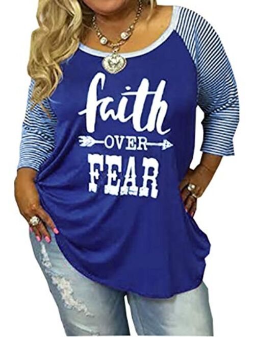 Women's Plus Size Faith Over Fear Funny Christian Shirt 3/4 Sleeve Striped Patchwork Tops Tees