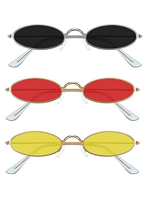 3 Pieces Vintage Oval Sunglasses Metal Frame Oval Sunglasses Slender Candy Color Sunglasses