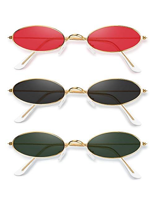 3 Pieces Vintage Oval Sunglasses Metal Frame Oval Sunglasses Slender Candy Color Sunglasses