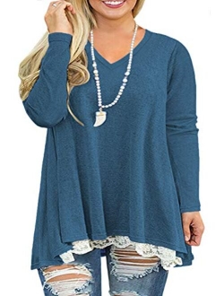 VISLILY Womens Plus Size Tunic Tops Casual Lace Long Sleeve A-Line Blouse Shirt