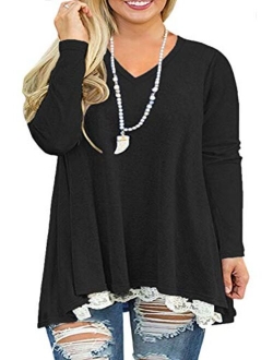 VISLILY Womens Plus Size Tunic Tops Casual Lace Long Sleeve A-Line Blouse Shirt