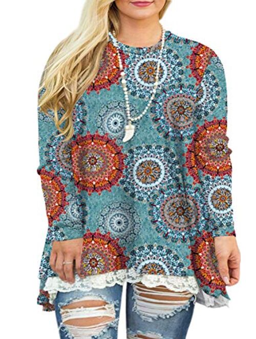 VISLILY Womens Plus Size Tunic Tops Casual Lace Long Sleeve A-Line Blouse Shirt