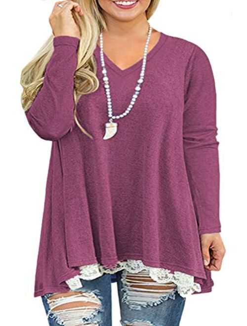 VISLILY Womens Plus Size Tunic Tops Casual Lace Long Sleeve A-Line Blouse Shirt