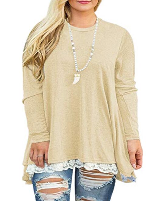 VISLILY Womens Plus Size Tunic Tops Casual Lace Long Sleeve A-Line Blouse Shirt