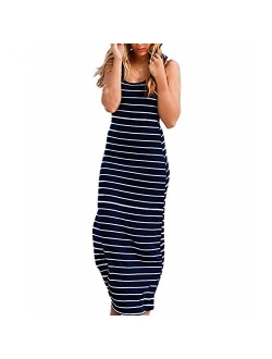 Roselux Women Sleeveless Scoop Neck Striped Loose Long Dress