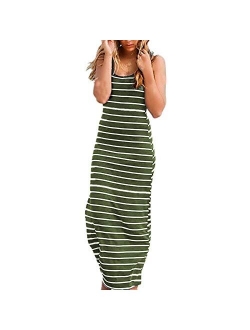 Roselux Women Sleeveless Scoop Neck Striped Loose Long Dress