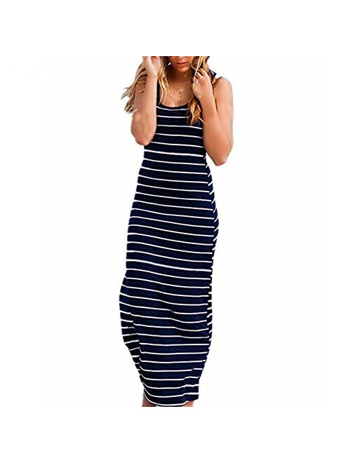 Roselux Women Sleeveless Scoop Neck Striped Loose Long Dress