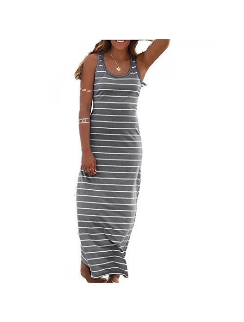 Roselux Women Sleeveless Scoop Neck Striped Loose Long Dress