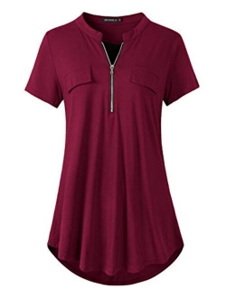 ZENNILO Women's Shirt Zip Plaid V Neck Short Sleeve Casual Summer Tunic Tops Blouse