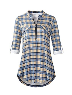 ZENNILO Women's Shirt Zip Plaid V Neck Short Sleeve Casual Summer Tunic Tops Blouse