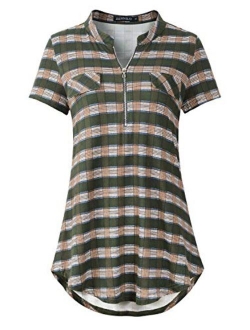 ZENNILO Women's Shirt Zip Plaid V Neck Short Sleeve Casual Summer Tunic Tops Blouse