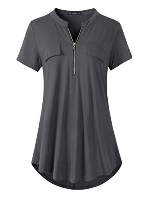 ZENNILO Women's Shirt Zip Plaid V Neck Short Sleeve Casual Summer Tunic Tops Blouse