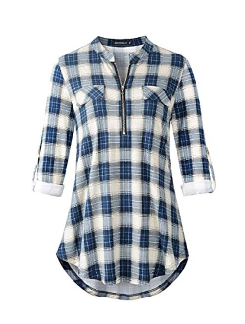 ZENNILO Women's Shirt Zip Plaid V Neck Short Sleeve Casual Summer Tunic Tops Blouse