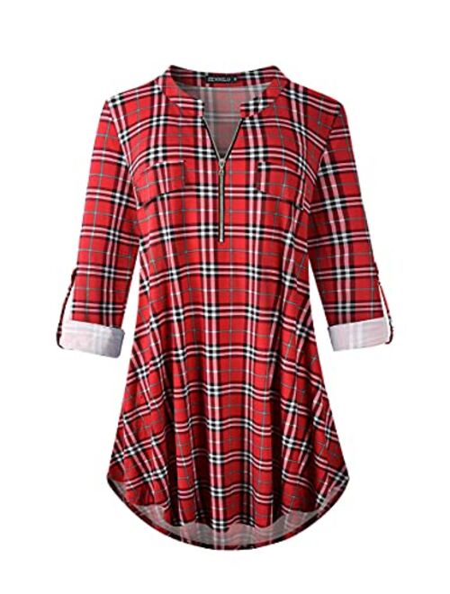 ZENNILO Women's Shirt Zip Plaid V Neck Short Sleeve Casual Summer Tunic Tops Blouse