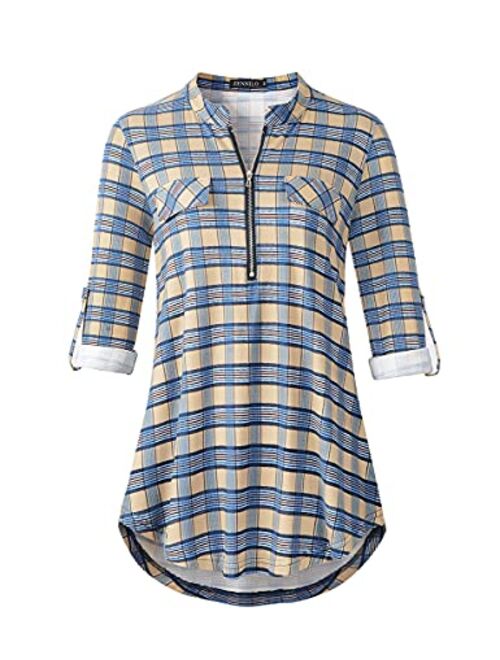 ZENNILO Women's Shirt Zip Plaid V Neck Short Sleeve Casual Summer Tunic Tops Blouse