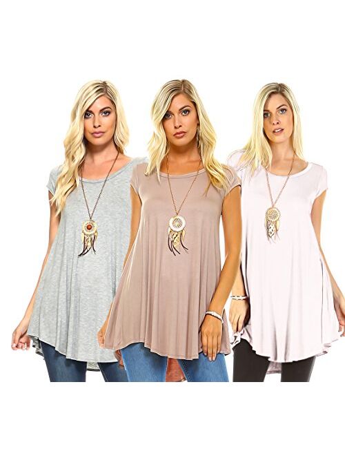 Isaac Liev Women's Tunic Top 3 Pack Casual Short Sleeve Scoop Neck Soft Flowy Swing Summer Blouse T Shirts Made in USA