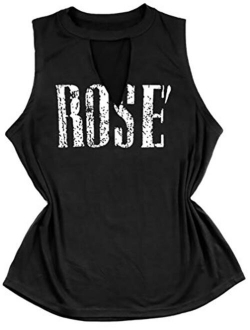 FAYALEQ Rose' Hollow Out V-Neck Tank Tops Letters Print Sleeveless T-Shirt for Teen Girls Women