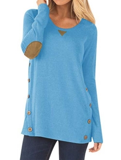 Spadehill Women Long Sleeve Shirt with Faux Suede Elbow Patches and Button