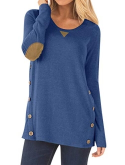 Spadehill Women Long Sleeve Shirt with Faux Suede Elbow Patches and Button