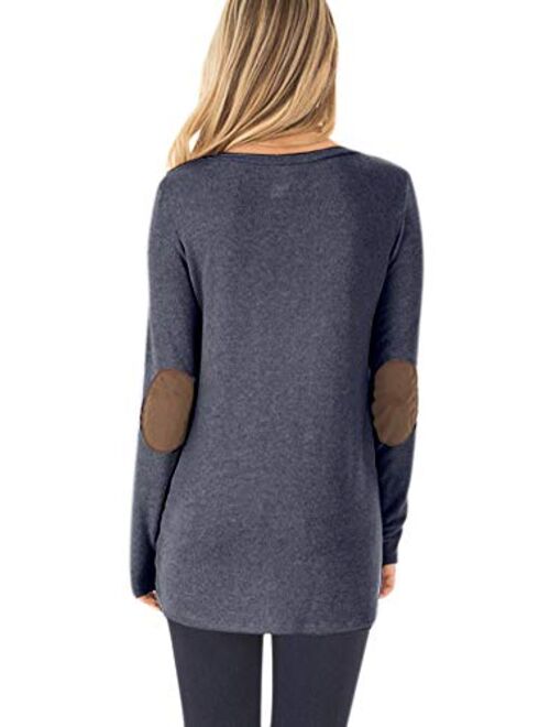 Spadehill Women Long Sleeve Shirt with Faux Suede Elbow Patches and Button